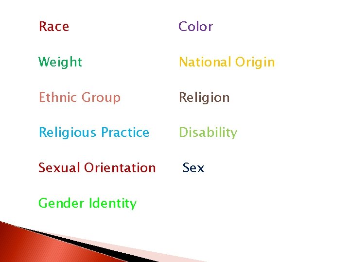 Race Color Weight National Origin Ethnic Group Religion Religious Practice Disability Sexual Orientation Gender
