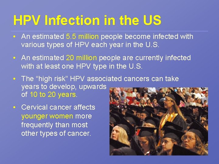 HPV Infection in the US • An estimated 5. 5 million people become infected