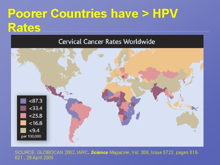 Poorer Countries have > HPV Rates SOURCE: GLOBOCAN 2002, IARC. Science Magazine, Vol. 308,