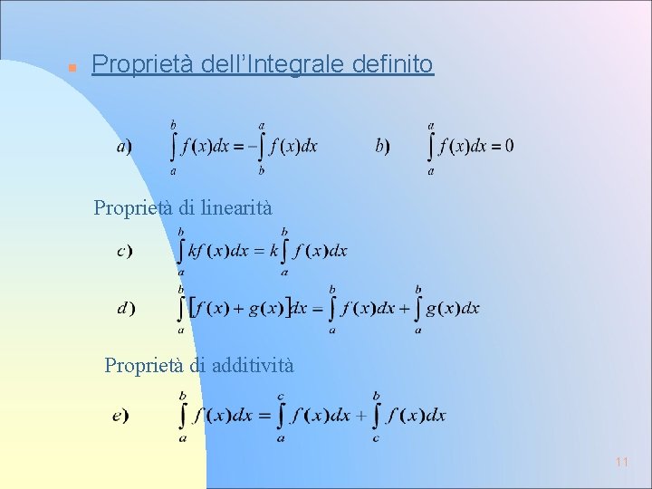 n Proprietà dell’Integrale definito Proprietà di linearità Proprietà di additività 11 n Proprietà dell’Integrale definito Proprietà di linearità Proprietà di additività 11