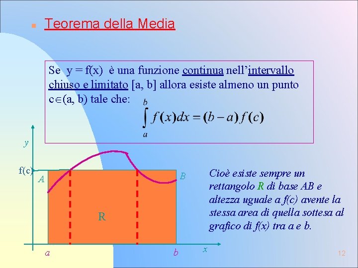 n Teorema della Media Se y = f(x) è una funzione continua nell’intervallo chiuso n Teorema della Media Se y = f(x) è una funzione continua nell’intervallo chiuso