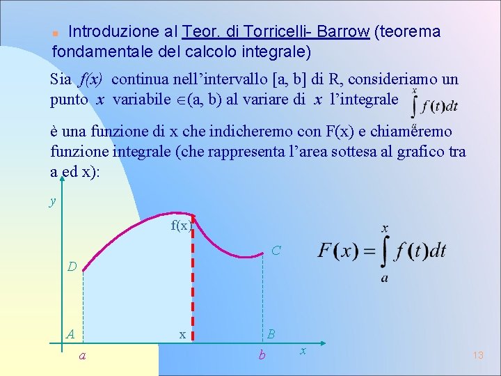 Introduzione al Teor. di Torricelli- Barrow (teorema fondamentale del calcolo integrale) n Sia f(x) Introduzione al Teor. di Torricelli- Barrow (teorema fondamentale del calcolo integrale) n Sia f(x)