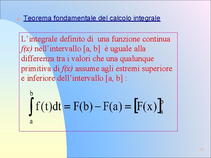 n Teorema fondamentale del calcolo integrale L’integrale definito di una funzione continua f(x) nell’intervallo n Teorema fondamentale del calcolo integrale L’integrale definito di una funzione continua f(x) nell’intervallo