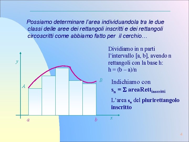 Possiamo determinare l’area individuandola tra le due classi delle aree dei rettangoli inscritti e Possiamo determinare l’area individuandola tra le due classi delle aree dei rettangoli inscritti e