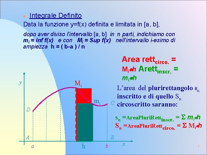 n Integrale Definito Data la funzione y=f(x) definita e limitata in [a, b], dopo