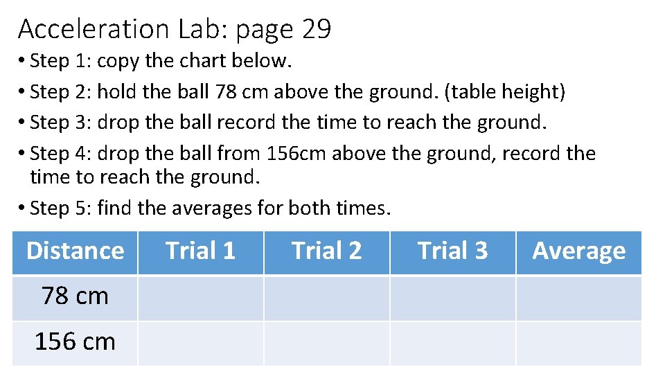 Acceleration Lab: page 29 • Step 1: copy the chart below. • Step 2: