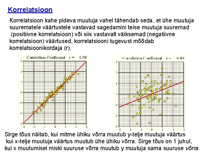 Korrelatsioon kahe pideva muutuja vahel tähendab seda, et ühe muutuja suurematele väärtustele vastavad sagedamini