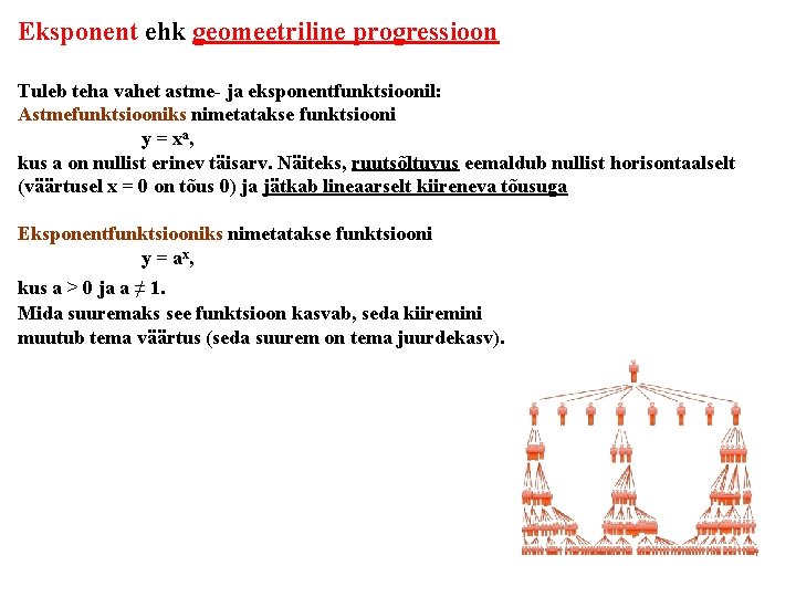 Eksponent ehk geomeetriline progressioon Tuleb teha vahet astme- ja eksponentfunktsioonil: Astmefunktsiooniks nimetatakse funktsiooni y