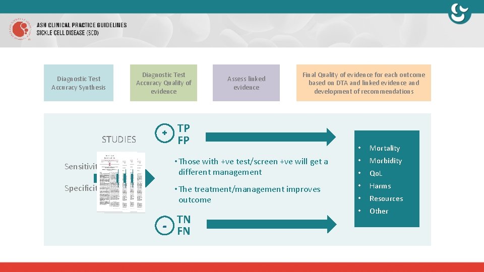 Diagnostic Test Accuracy Synthesis Diagnostic Test Accuracy Quality of evidence STUDIES Sensitivity Specificity +