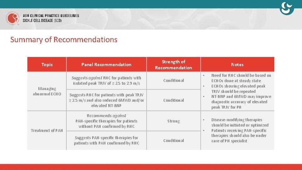 Summary of Recommendations Topic Managing abnormal ECHO Treatment of PAH Panel Recommendation Strength of