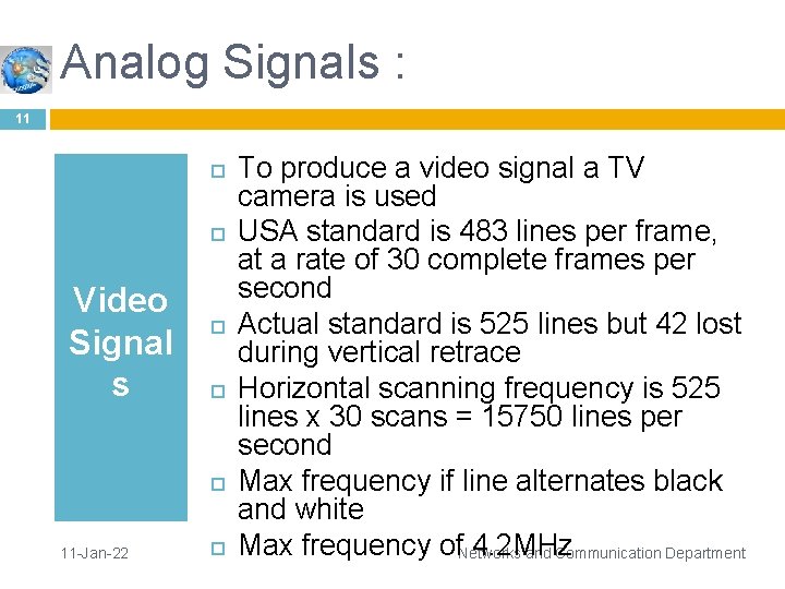 Analog Signals : 11 Video Signal s 11 -Jan-22 To produce a video signal