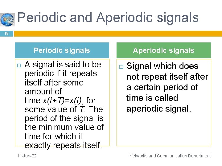 Periodic and Aperiodic signals 18 Periodic signals A signal is said to be periodic
