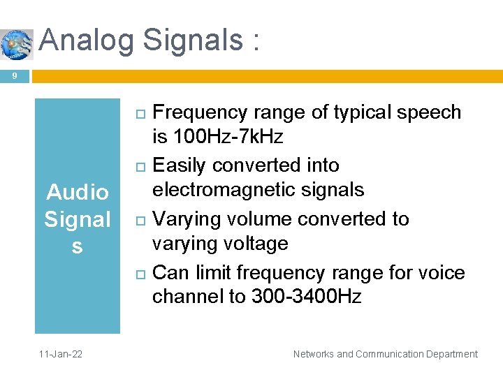 Analog Signals : 9 Audio Signal s 11 -Jan-22 Frequency range of typical speech
