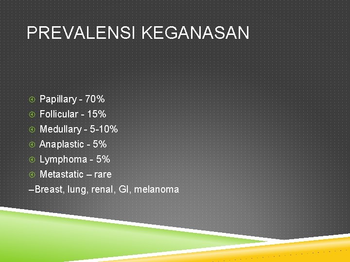 PREVALENSI KEGANASAN Papillary - 70% Follicular - 15% Medullary - 5 -10% Anaplastic -