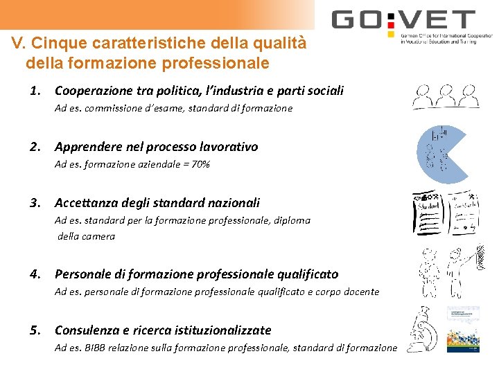 V. Cinque caratteristiche della qualità della formazione professionale 1. Cooperazione tra politica, l’industria e