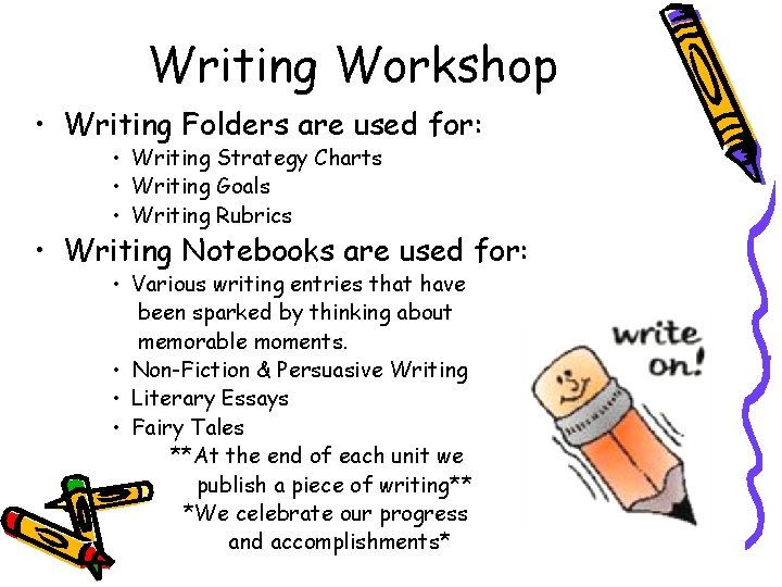 Writing Workshop • Writing Folders are used for: • Writing Strategy Charts • Writing