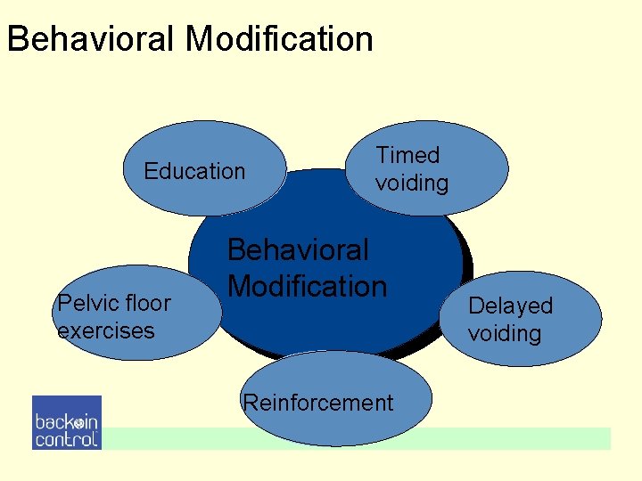 Behavioral Modification Education Pelvic floor exercises Timed voiding Behavioral Modification Reinforcement Delayed voiding Behavioral Modification Education Pelvic floor exercises Timed voiding Behavioral Modification Reinforcement Delayed voiding