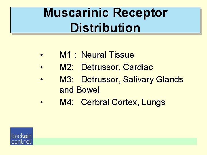 Muscarinic Receptor Distribution • • M 1 : Neural Tissue M 2: Detrussor, Cardiac Muscarinic Receptor Distribution • • M 1 : Neural Tissue M 2: Detrussor, Cardiac