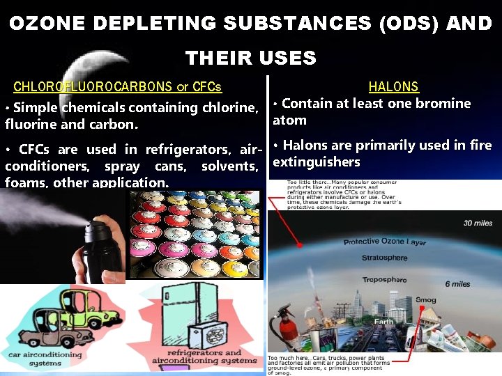OZONE DEPLETING SUBSTANCES (ODS) AND THEIR USES CHLOROFLUOROCARBONS or CFCs • Simple chemicals containing