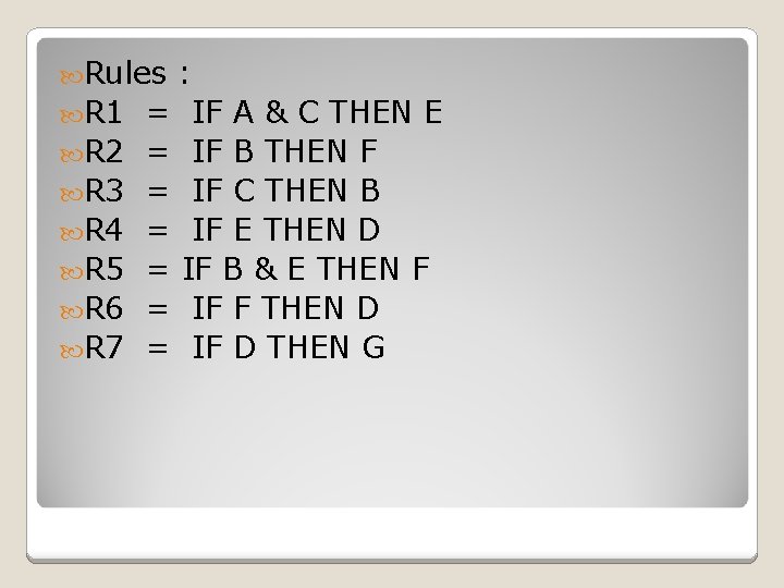  Rules : R 1 IF A & C THEN E IF B THEN