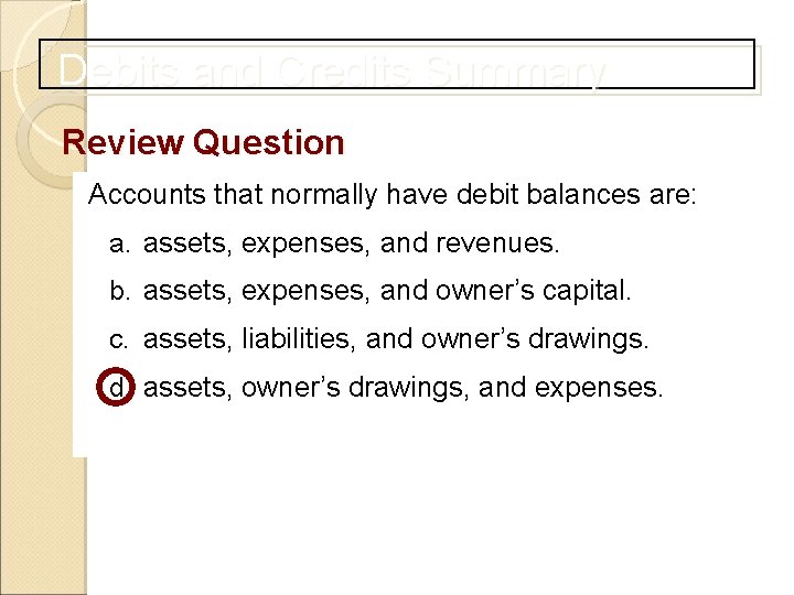 Debits and Credits Summary Review Question Accounts that normally have debit balances are: a.