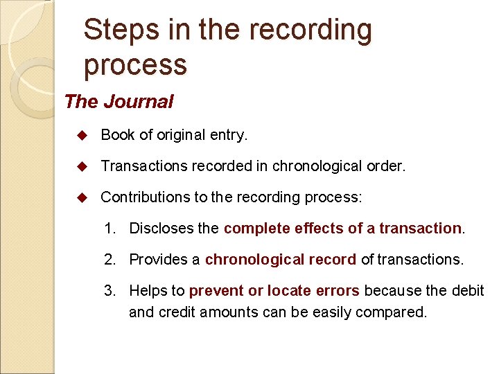 Steps in the recording process The Journal u Book of original entry. u Transactions