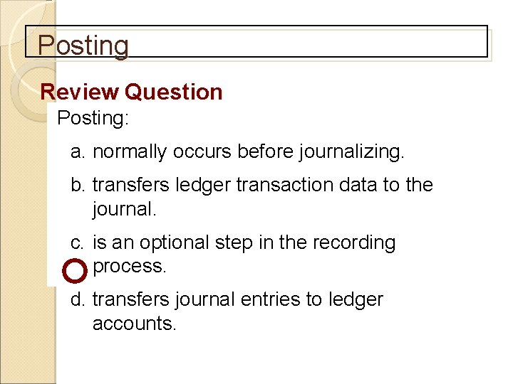 Posting Review Question Posting: a. normally occurs before journalizing. b. transfers ledger transaction data