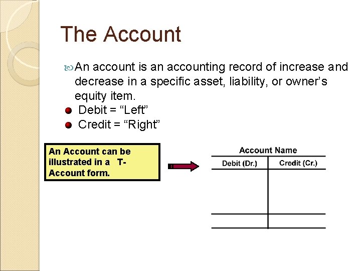 The Account An account is an accounting record of increase and decrease in a