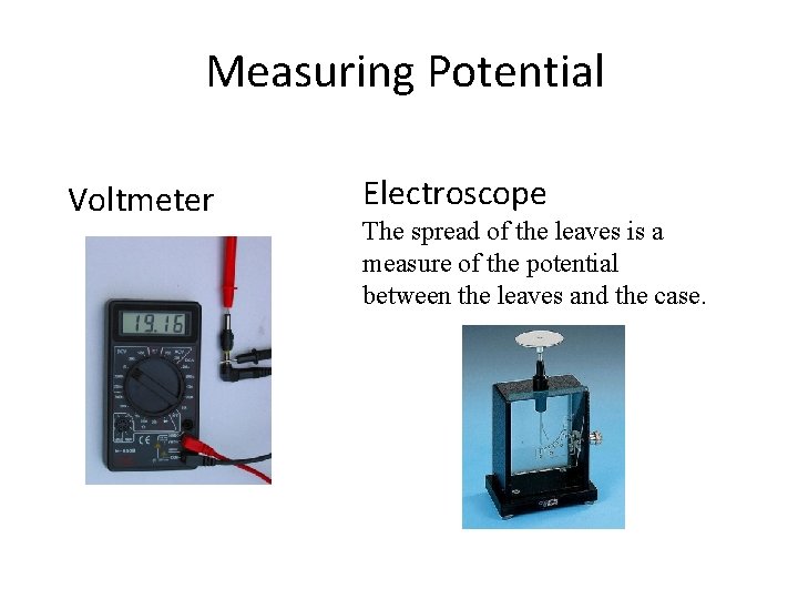 Measuring Potential Voltmeter Electroscope The spread of the leaves is a measure of the