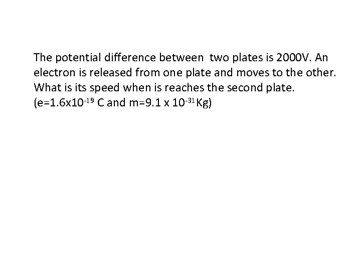 The potential difference between two plates is 2000 V. An electron is released from