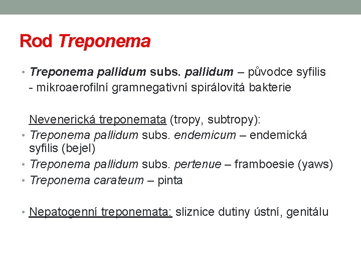 Rod Treponema • Treponema pallidum subs. pallidum – původce syfilis - mikroaerofilní gramnegativní spirálovitá