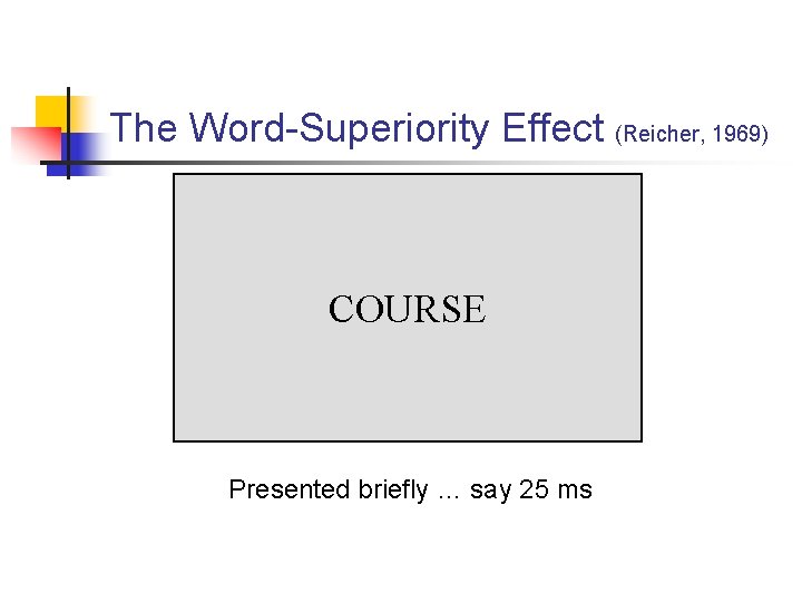 The Word-Superiority Effect (Reicher, 1969) COURSE Presented briefly … say 25 ms 
