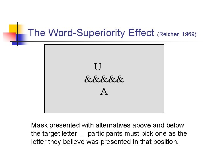 The Word-Superiority Effect (Reicher, 1969) U &&&&& A Mask presented with alternatives above and