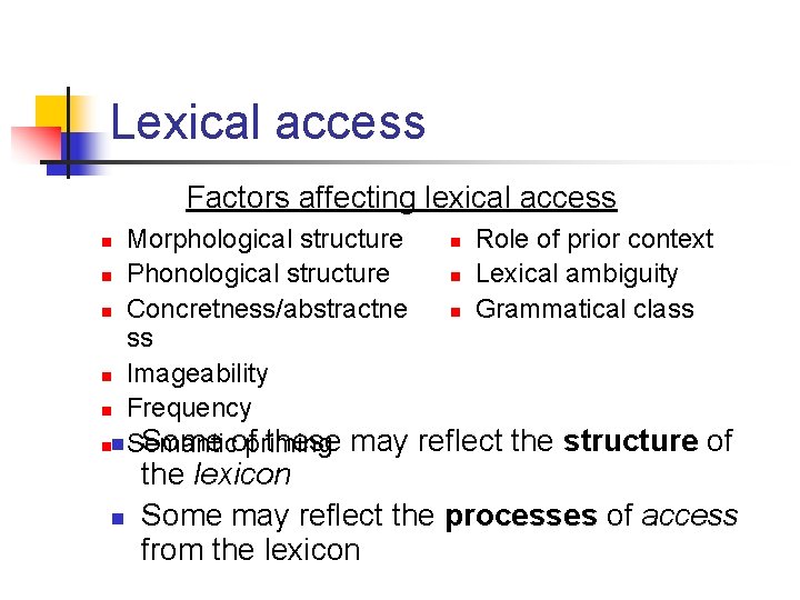 Lexical access Factors affecting lexical access Morphological structure n Role of prior context n