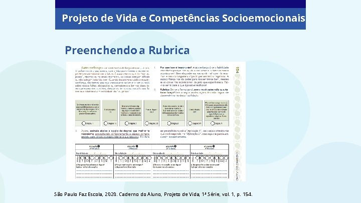 Projeto de Vida e Competências Socioemocionais Preenchendo a Rubrica São Paulo Faz Escola, 2020.