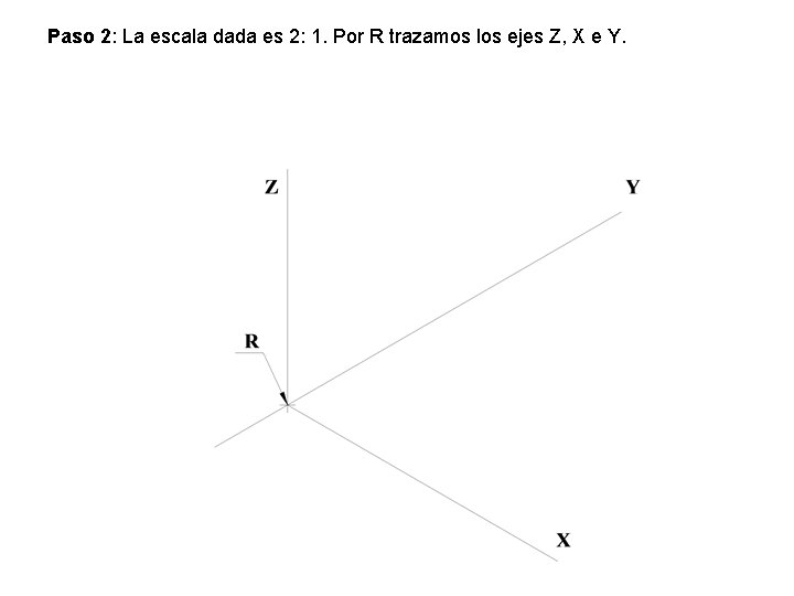 Paso 2: La escala dada es 2: 1. Por R trazamos los ejes Z, Paso 2: La escala dada es 2: 1. Por R trazamos los ejes Z,