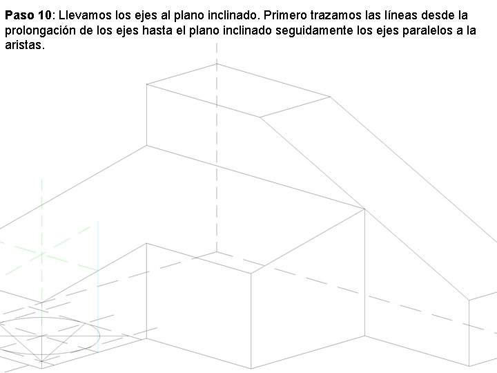 Paso 10: Llevamos los ejes al plano inclinado. Primero trazamos las líneas desde la Paso 10: Llevamos los ejes al plano inclinado. Primero trazamos las líneas desde la