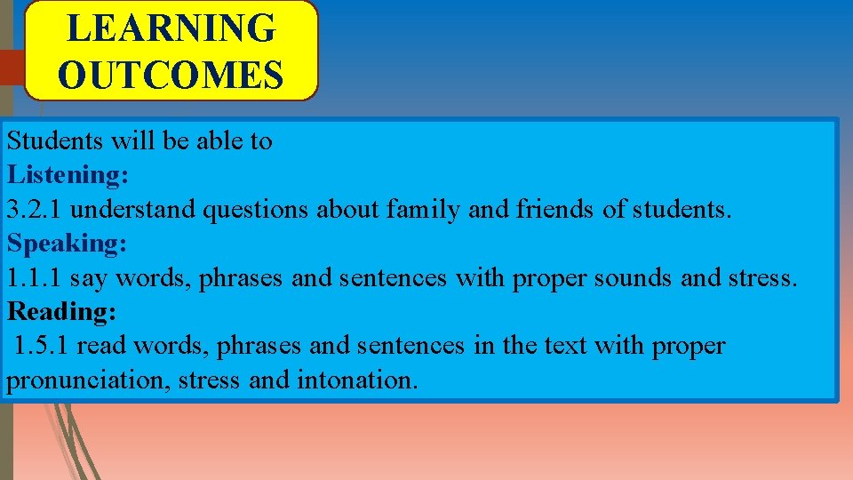 LEARNING OUTCOMES Students will be able to Listening: 3. 2. 1 understand questions about