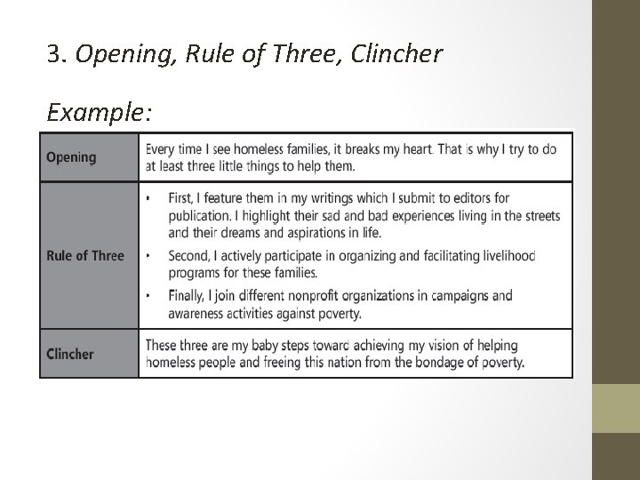 3. Opening, Rule of Three, Clincher Example: 