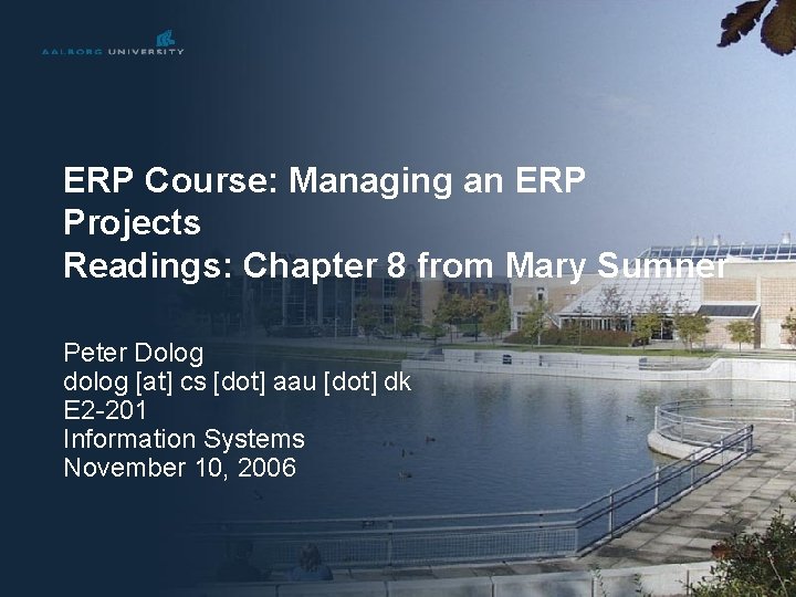 ERP Course: Managing an ERP Projects Readings: Chapter 8 from Mary Sumner Peter Dolog