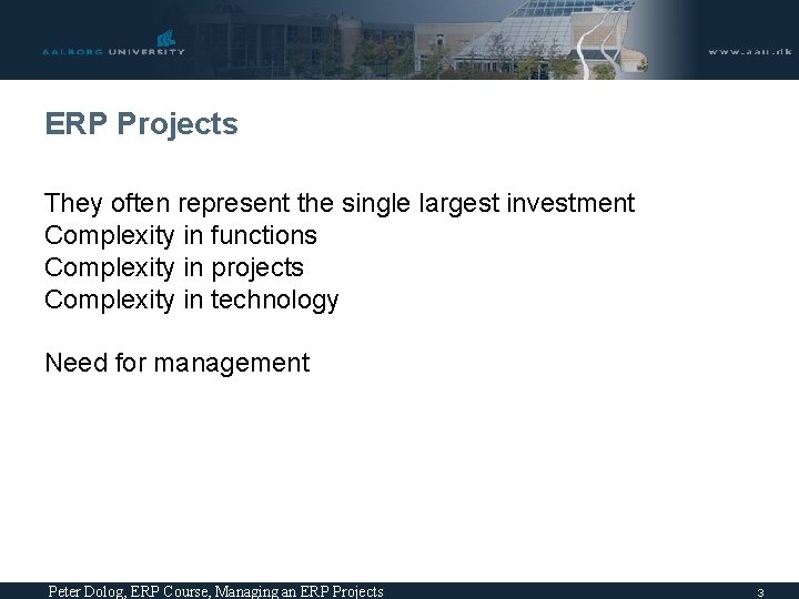ERP Projects They often represent the single largest investment Complexity in functions Complexity in