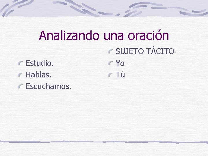 Analizando una oración Estudio. Hablas. Escuchamos. SUJETO TÁCITO Yo Tú 