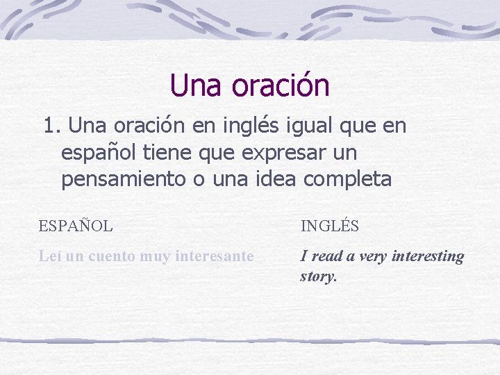 Una oración 1. Una oración en inglés igual que en español tiene que expresar