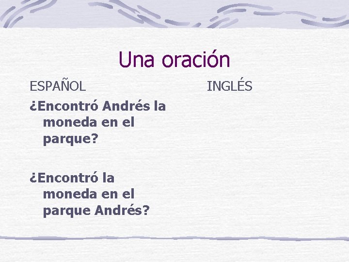 Una oración ESPAÑOL ¿Encontró Andrés la moneda en el parque? ¿Encontró la moneda en