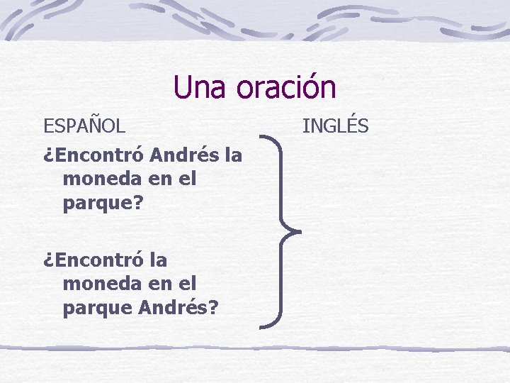 Una oración ESPAÑOL ¿Encontró Andrés la moneda en el parque? ¿Encontró la moneda en