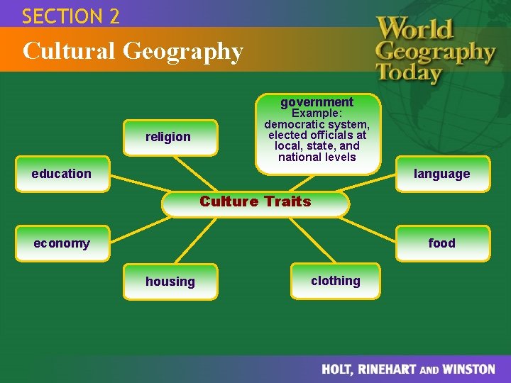 SECTION 2 Cultural Geography government religion Example: democratic system, elected officials at local, state,