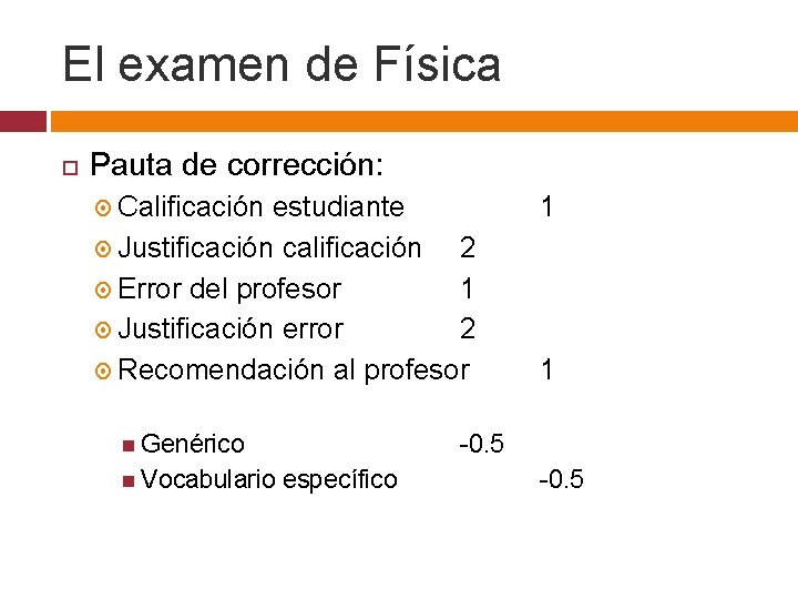 El examen de Física Pauta de corrección: Calificación estudiante Justificación calificación 2 Error del