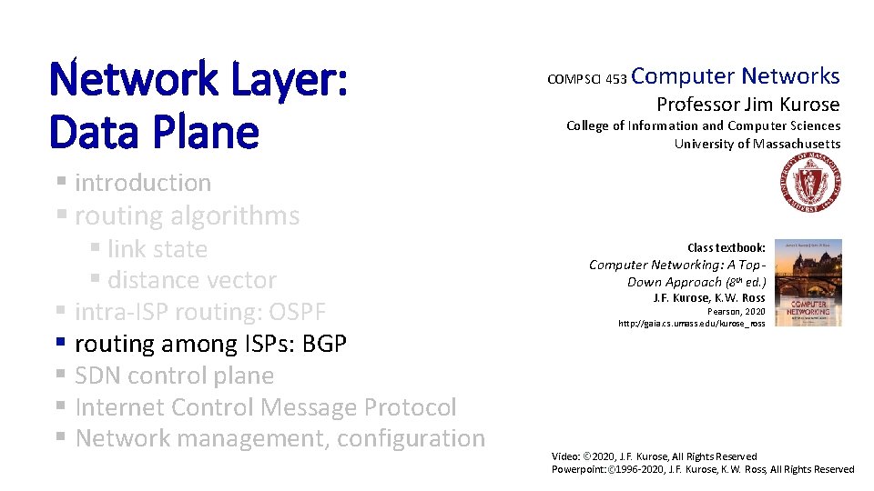 Network Layer: Data Plane COMPSCI 453 Computer Networks Professor Jim Kurose College of Information