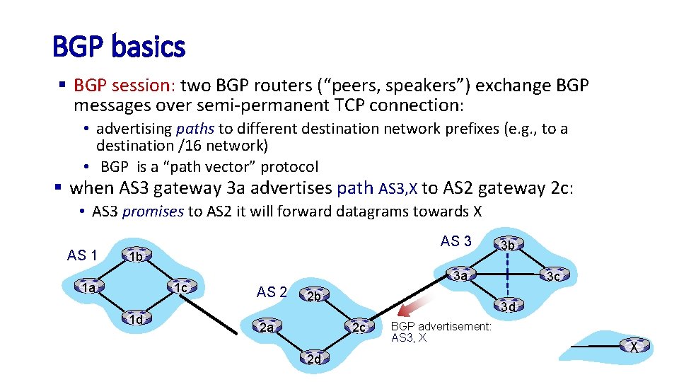 BGP basics § BGP session: two BGP routers (“peers, speakers”) exchange BGP messages over