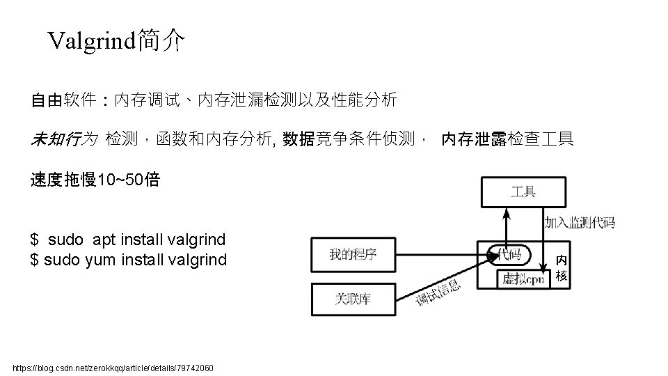 Valgrind简介 自由软件：内存调试、内存泄漏检测以及性能分析 未知行为 检测，函数和内存分析, 数据竞争条件侦测， 内存泄露检查 具 速度拖慢 10~50倍 $ sudo apt install valgrind